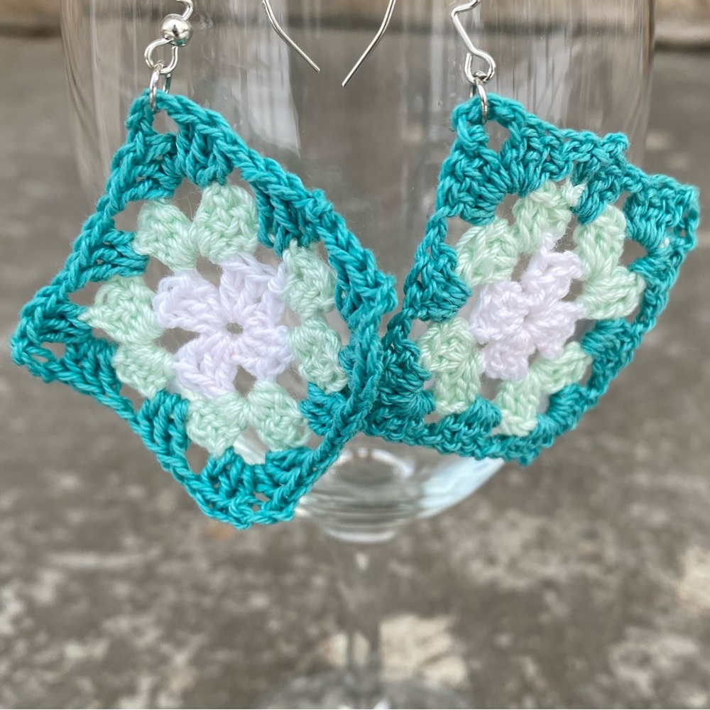Crochet Granny Square Earrings - Turquoise Mint - Picture 3 of 7